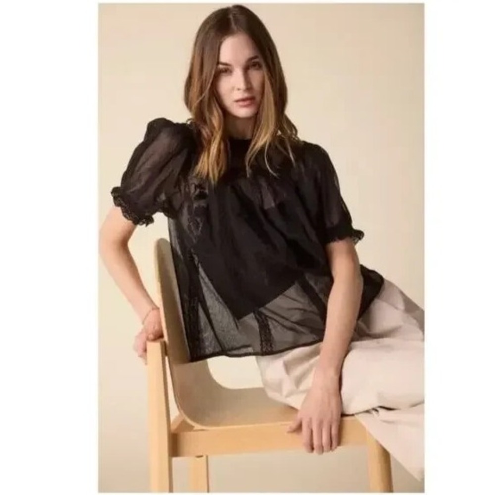 New $297 St. Roche Leith Top Black Lined Puff Sleeve Blouse Embroidered, 2